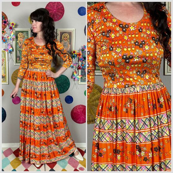 Vintage 1960s Orange Floral and Striped Long Sleeve Maxi Dress - Picture 1 of 7